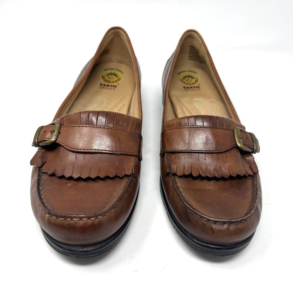 Kiltie Fringe Loafer Brown Leather Earth Spirit Buckle Shoes 10M and 10W Womens - Picture 2 of 8